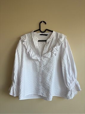 ZARA White Ruffle-Trim Blouse - Women's Top Size L
